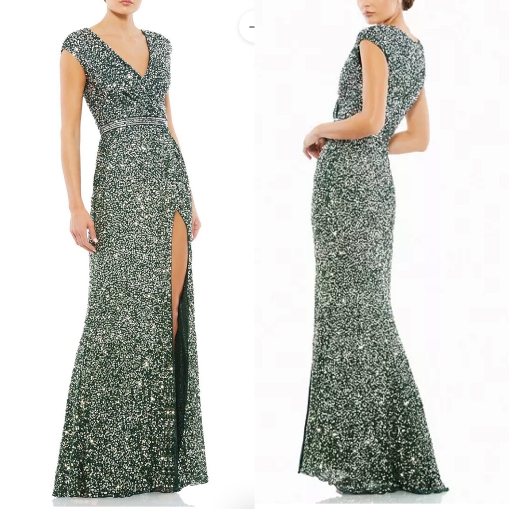 Mac Duggal NEW Forest Green Cap Sleeve Sequin High Slit Gown 5489